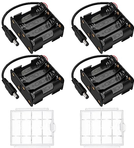 4 Pièces 8x 1.5V AA Supports de Piles, KUOQIY 12V Double Face Boîte de Batterie, AA Support de Batterie avec Prise CC, avec Boîte à Piles en Plastique
