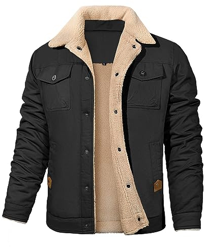 Vancavoo Winterjacke Herren Fleecejacke Übergangsjacke Winter Jacke Wärme Fleece Gefütterte Jacken Stehkragen Winterparka mit Taschen,Schwarz,XL