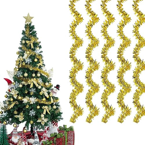 6 Piezas Guirnalda de Oropel de Navidad, 12M Guirnaldas de Navidad Metálicas, Brillante Espumillón, Guirnalda Brillante, Decoración navideña para Decoración Pared Ventana Escalera Regalos(Dorado)