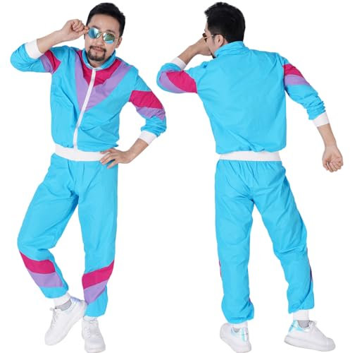 FWHFNB 80er Jahre outfit,90er Jahre outfit damen,Retro Trainingsanzug Herren,Disco Trainingsanzug,mit Jacke,Hose,Armbänder und Stirnband,für Karneval,Kostümpartys,cosplay (XL)