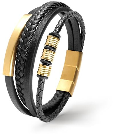 UNIQAL | Lederarmband Herren BLACK SHAPE Mens Bracelet | Edelstahl, Echtleder | Etui Box Gratis (Gold, 21)