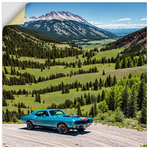 ARTland Wanddeko Wandtattoo selbstklebende Vinylfolie 50x50 cm Landschaften Berge Natur Amerika Auto Klassiker Vintage KI Kunst U4YG