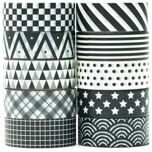 MAGLITT Gitter Washi Tape Set 10 Rollen Schottenstoff Schwarz Weiß Dekoratives Klebeband Bunt für Scrapbooking, Bullet Tagebuch, Planer, Geschenkverpackung