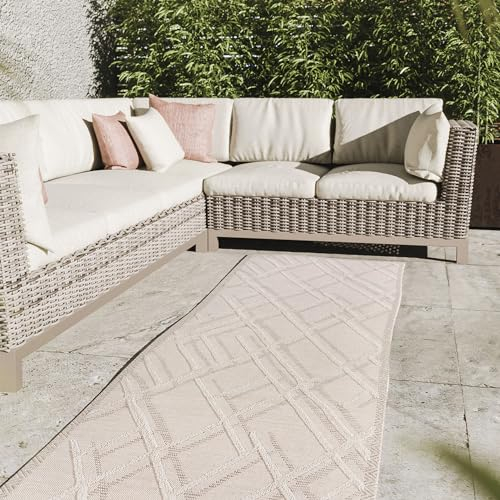 Interiyou Outdoor Teppich Wetterfest Florenz - Läufer 80x300 cm Creme - Wasserfest für Balkon, Terrasse, Garten - Outdoorteppich passend auch für Wohnzimmer, Schlafzimmer und Küche - Aussenteppich