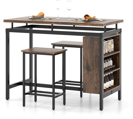 TANGZON 3 Piece Dining Table Set, Wooden Kitchen Table and 2 Stools with 3-Tier Open Shelves, Floating Tabletop & Footrests, Metal Frame Space Saving Home Pub Breakfast Bar Table Sets Furniture