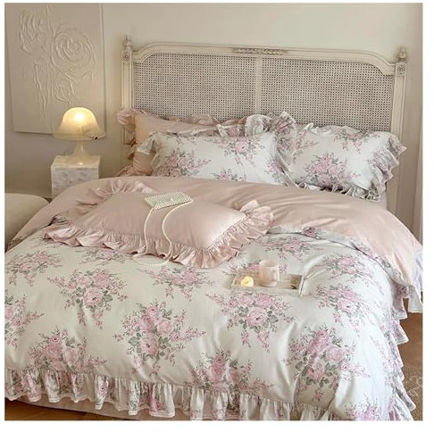 BOTANIERA Luxury V-intage French Rose Flowers Print Lace Ruffles Bedding Set Egyptian Cotton Duvet Cover Set Bed Sheet Pillowcases ,Bedding