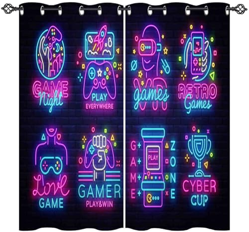 ANHOPE Gaming Thema Neon Gamepad Gardinen Blickdichte Thermo Vorhänge mit Ösen Kinder Jungen Mädchen Vorhang Blackout Curtain Wohnzimmer Schlafzimmer Verdunklungsvorhänge 2er Set H 138 x B 132 cm