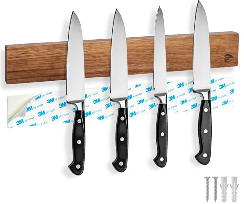 ECENCE Barra Magnetica per coltelli in Legno di acacia - 40cm - Portacoltelli da Cucina Magnetico per forare o incollare, Porta Coltelli Magnetico