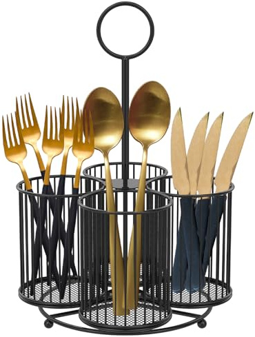 360°Rotating Cutlery Holder,Metal Kitchen Utensil Holder,4-Compartment Metal Utensil Caddy, Multipurpose Countertop Silverware Organizer for Kitchen Picnic Camping Outdoor (Black With Handle)