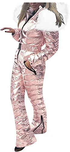 Skianzug Damen Winter Einteiler - Schneeanzug Mit Kapuzen Pelzkragen Mantel Ski-Overall Frauen Slim Fit Jumpsuit Wasserdicht Snowboard Overalls Winter Outdoor Onesie Kuschelig Pelzkragen