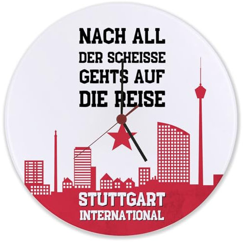 Stuttgart Europapokal Wanduhr aus Glas mit Spruch Stuttgart International Bad-Cannstatter Kurve Fan-Gesang Ideal für Stuttgart-Fans Fußball-Liebhaber
