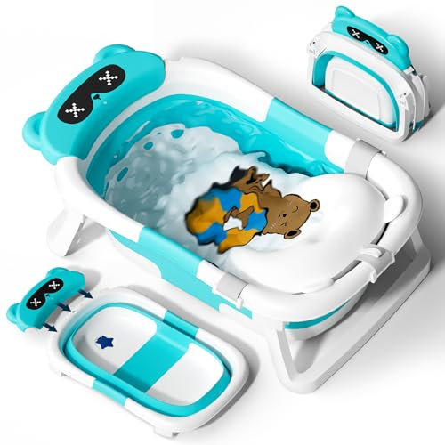 COOSEYA Baby Badewanne für 0-18 Monate, Faltbare Babybadewanne mit Weichem Polster und Temperaturempfindlichem Ablassventil, Ideale Babywanne für Neugeborene, Bär - Design (Blau)