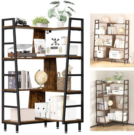 Nisorpa 4-stöckiges Eckregal Bücherregal, 120 cm Hoch Modernes Trapez Eck-Bücherregal Holz L-förmig Verstellbar Bücherregal für Schlafzimmer Wohnzimmer Büro Braun