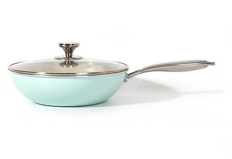 NNYCC Ceramic Nonstick Stir Fry Pan with Glass Lid 30Cm Induction Woks Chemical Free Cooking Pot Stay Cool Handle,Green