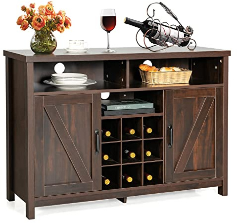 COSTWAY Storage Cabinet, Buffet Sideboard with Detachable 9-Bottle Wine Rack, 2 Doors, Adjustable Shelves, 5 Cable Holes & 5 Legs, Industrial Server Cupboard for Kitchen, Dining Room (Dark Brown)