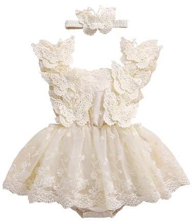 ZZLBUF Newborn Baby Girl Clothes Infant Flower Lace Tutu Romper Dress Ruffle Sleeveless Bodysuit Cake Smash Outfits (Beige, 3-6 Months)