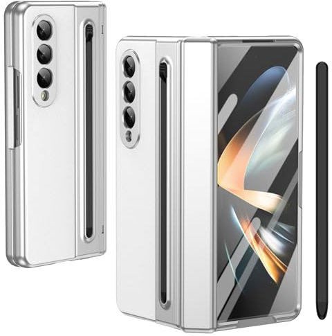 pour Galaxy Z Fold4 Étui avec Stylet et Emplacement pour Stylet, Protecteur d'écran trempé + Protection de charnière Housse en Cuir pour Samsung Galaxy Z Fold4-Blanc