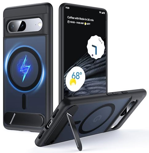 FNDMIL for Google Pixel 7 Case with MagSafe [Adjustable Kickstand] [Charge While Standing] [Military Shockproof] Translucent Matte Soft Silicone Bumper for Google Pixel 7 Phone Case Slim, Black