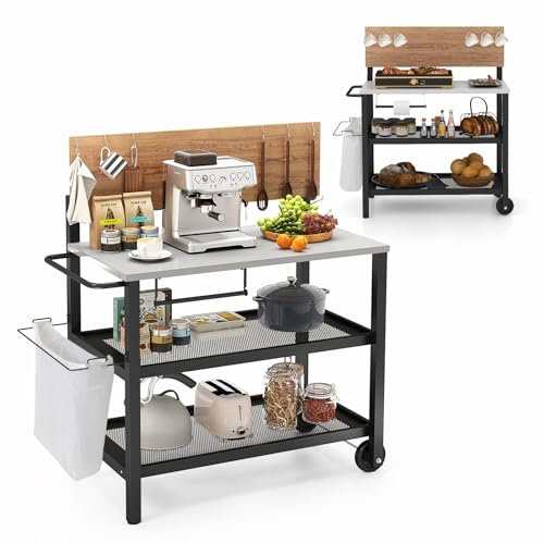 KOMFOTTEU Chariot pour Barbecue à 3 Niveaux, Desserte de Jardin avec Plateau Rabattable, Table de Grill Mobile avec Porte-Serviettes, Crochets, 116 x 55 x 130 cm, Noir