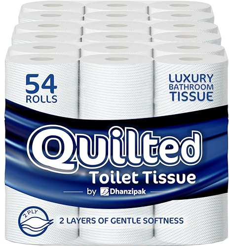 DHANZIPAK 54 Rolls of 2-Ply Quilted Toilet Paper | Generous 19m Length per Roll | Soft, Strong & Highly Absorbent Toilet Tissue