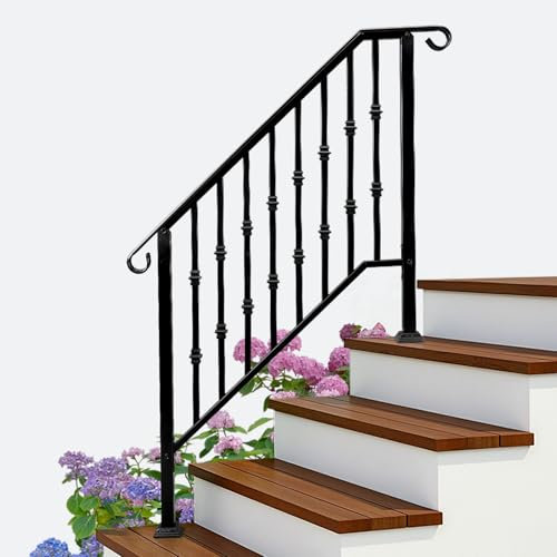 Bonnlo Outdoor Handrail for Stairs Fit 3 Steps, Hand Rails Outside Steps with Decoration, Galvanized Iron Handrail for Front Porch