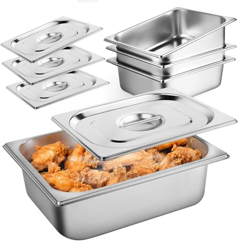 West Bay 4 Pack 1/2 Half Size Hotel Pan with Lids, 4'' Deep Steam Table Pan with Lid, 12.8''L x 10.4''W Stainless Steel Pans for Home, Party, Hotel, Buffet