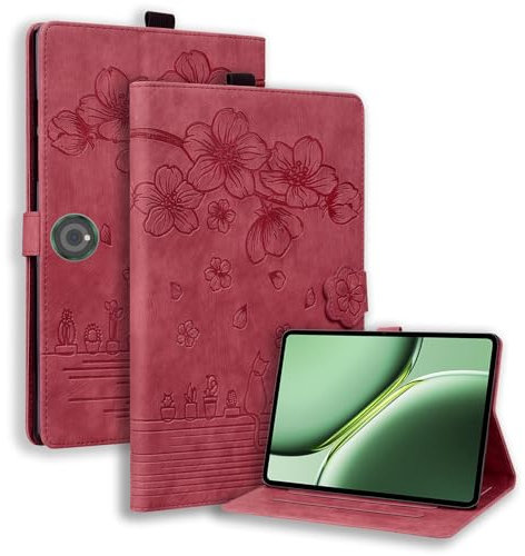 SLLMYYX Custodia per tablet compatibile con OnePlus Pad 2/OnePlus Pad Pro 12,1 2024, motivo gatto con fiori di ciliegio in pelle sintetica (rosso)