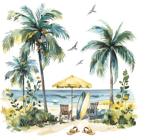 Fufuquare Sommer Strand Kokospalme Wandtattoo Grüne Pflanze Entfernbare Wandaufkleber für Badezimmer Schlafzimmer und Wohnzimmer