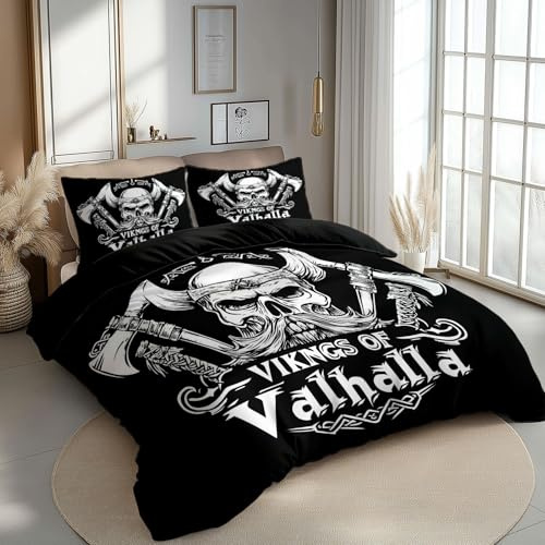 CozyRest Wikinger-Totenkopf Bettwäsche Set Schwarz Bettdeckenbezug mit Reißverschluss Pflegeleicht Mikrofaser Hypoallergen 155 x 220 cm 2 Kissenbezug 80x80 cm