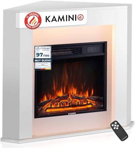 KAMINIO Camino elettrico Matti - Caminetto ad angolo con riscaldamento, effetto fiamma 3D, luce ambiente a LED, telecomando - Angolo (Bianco)