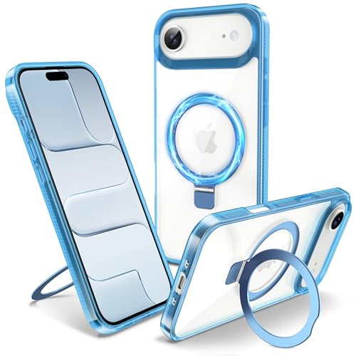 Flyzoo Magnetic Kickstand Case for iPhone Air, [Compatible with MagSafe & Invisible Ring Stand Holder] [Non-Yellowing & Shockproof] Clear Transparent Hard Silicone Edge Cover, 6.5'', Clear Blue
