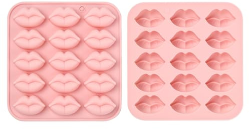 Ipotkitt Lot de 2 moules en silicone à 15 cavités sur le thème des lèvres - Outil de cuisson en forme de bouche - Pour bricolage, chocolat, biscuits, gâteaux, glaçons, bonbons, fêtes, collations