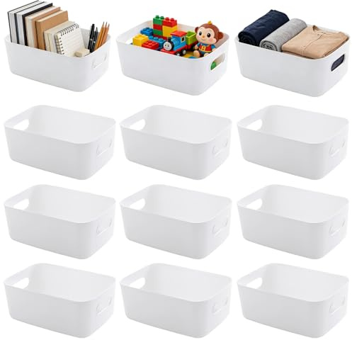 12 Stück Aufbewahrungsbox Kunststoff Weiß Aufbewahrungskorb mit Griffen | Rechteckiger Aufbewahrungsboxen Stapelbare Plastikkorb Aufbewahrung für Büro Küche Bad Regale Schrank 30x20x12cm