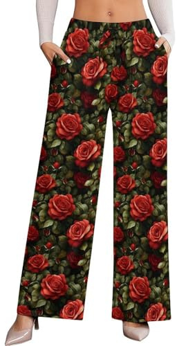 Novastar Hose mit weitem Bein für Damen, Baumwolle, klassischer roter Rosen-Druck, leger, hohe Taille, Palazzo-Hose