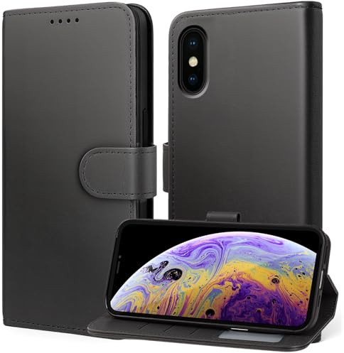 Tawarror Hülle für iPhone X/XS Handyhülle, Premium Abnehmbar PU Lederhülle für iPhone X/XS Kartenfach Standfunktion Flip Klapphülle Schutzhülle, Schwarz