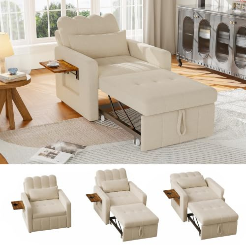 Schlafsofa 3-in-1,Schlafsessel mit Bettfunktion Sofa Ausziehbar mit 5-Stufig Verstellbarer RüCkenlehne Sessel mit Schlaffunktion Schlafcouch mit Kissen und Seitentasche,Chenille-Gewebe (Beige)