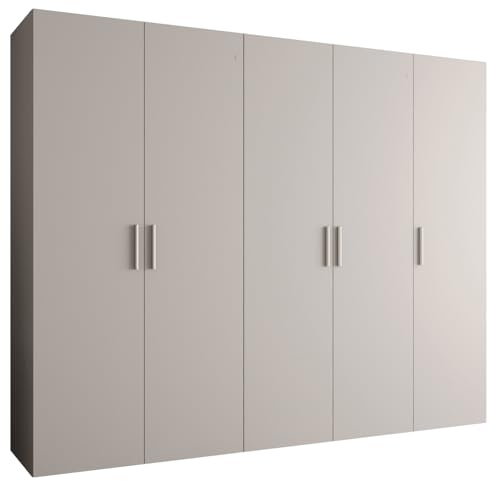 MEBLE KRYSPOL - Kleiderschrank - Garderobenschrank - 250 cm x 202 x 52 cm - Schrank mit Kleiderstange, 5 Türen - für Schlafzimmer, Flur - BARI, Kaschmir, Griff Silber