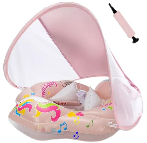 Baby Schwimmring mit abnehmbarem sonnendach,Schwimmhilfe verstellbare Schultergurte,Schwimmtrainer,mit aufblasbarer Swimming Float für ab 3-36 Monate. (Rosa)