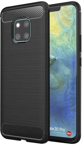 Techsuit für Huawei Mate 20 Pro Hülle mit Soft Touch, Stoßfest, Kameraschutz, Erhöhte Kanten, Luftkissen Ecken, Anti Fingerabdruck, Flexibel, Carbon Silicone Series, Schwarz
