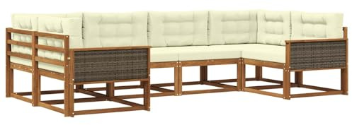 vidaXL Outdoor-Sofagarnitur mit Kissen 6 pcs Natur und Creme, Akazienholz Lounge Set für draußen, modernes Gartenmöbel, wetterfest und stylisch für deinen Garten