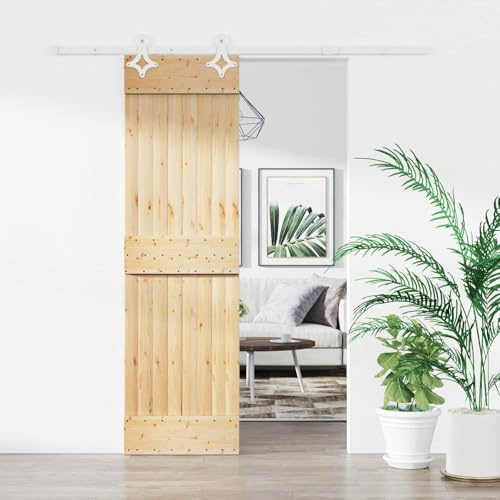 kithwjll Schiebetür Natürlich und Weiß 70 x 210 cm Massivkiefer, Innentür Zimmertür Holz, Schiebetür mit Stahlelementen, Türblatt, Beschlag, Griff für Renovierung und Einbau