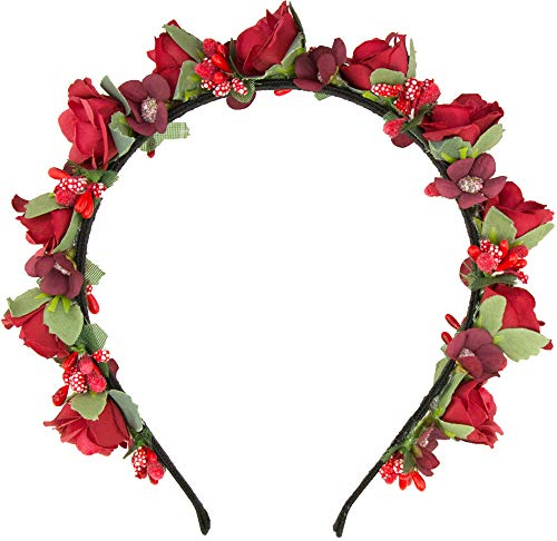 Blumen Haarreif „Sabia“ – Romantischer Haarschmuck mit Rosen & Blüten für Damen & Mädchen – Perfekt zum Dirndl, zur Hochzeit, Kommunion oder Festival (Rot, Einheitsgröße)