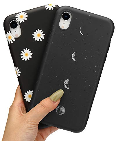 LLZ.COQUE 2 Pack Handyhülle Kompatibel mit iPhone Xr Hülle Gänseblümchen Schutzhülle TPU Hülle Slim Case Cover Mond matt Handyhülle für iPhone Xr Case Mond & Gänseblümchen
