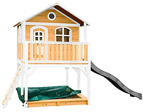 AXI Marc Maison Enfant avec Bac à Sable & Toboggan Gris | Aire de Jeux pour l'extérieur en Marron & Blanc | Maisonnette/Cabane de Jeu en Bois FSC