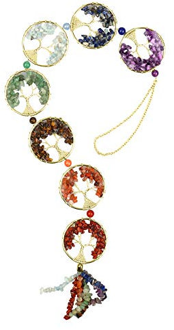 WingFly 7 Pierres de Chakra Arbre de Cristaux de Guérison Reiki de la Vie Pierres Précieuses Naturelles Ornement Suspendu, Méditation Yoga Décoration Murale pour la Maison pour la Bonne Chance (d'or)