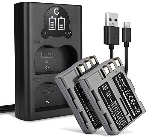 CELLONIC, Batteria per Fotocamera, Compatibile con Nikon EN-EL3e, D90, D80, D700, D50, D200, D300 (7.4V, 1600mAh) 2 Pezzi + Doppio Caricabatterie