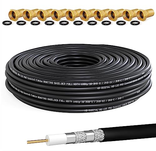 HB-DIGITAL 20m Koaxialkabel HQ-135 Antennenkabel 135dB SAT Kabel 8K 4K UHD 4-Fach geschirmt für DVB-S / S2 DVB-C / C2 DVB-T / T2 DAB+ Radio BK Anlagen + 10 F-Stecker GRATIS