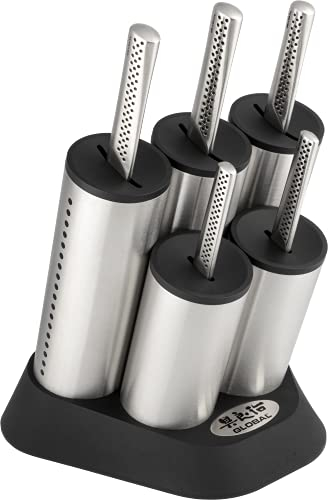 Global GU-2020/6B Cylinder Engine 6-Piece Knife Block Set with UKON Knives, CROMOVA 18 Stainless Steel