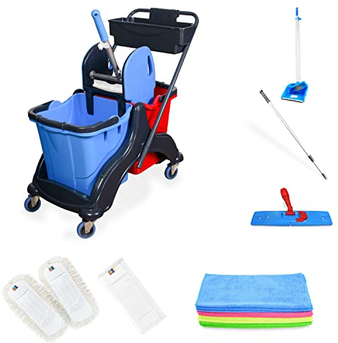 Hypafol Reinigungswagen mit Korb Set 40 cm | 2 x 25 l Eimer mit Wischmopp-Presse und Kehrgarnitur | inkl. 2X 40cm Baumwoll Mopp, 1x Mikrofaser-Mopp | je 3 Mikrofasertücher in rot, gelb, grün, blau