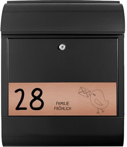 banjado® Briefkasten personalisiert mit graviertem Namensschild in Kupfer/Briefkasten schwarz 39x47x14cm / Briefkasten mit Hausnummer, Namen & Motiv Liebesbrief/Briefkasten mit Zeitungsfach